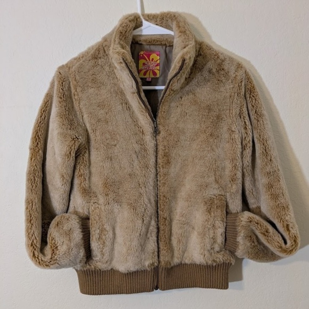 Vtg Piko Girl Faux Fur Jacket Women's S Tan Brown Zip Up Bomber Y2K Hawaiian
